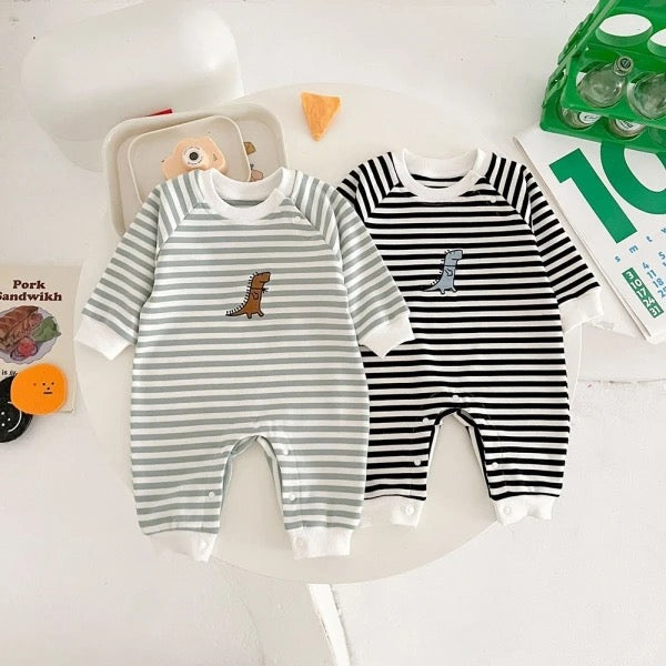 Green Stripe Dinosaur Romper