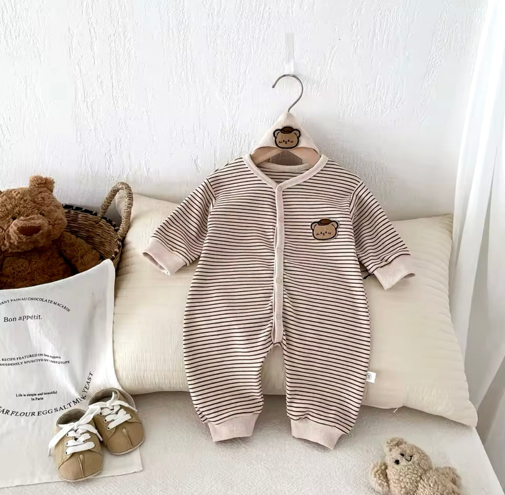 Bear Stripe Romper Brown